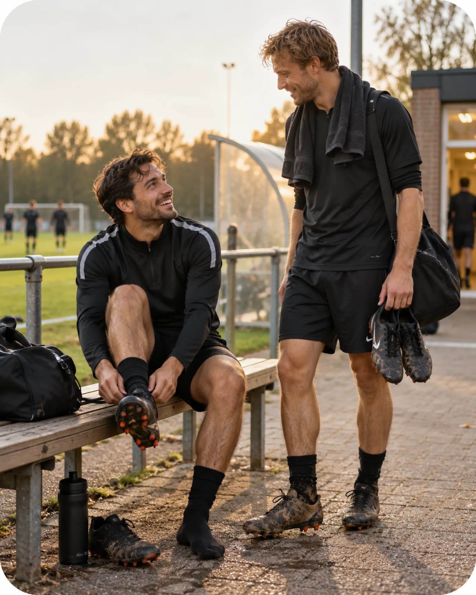 Twee voetballers na de training bij de bank langs het veld, de een trekt zijn schoenen uit, de ander heeft de schoenen in de hand, kleedkamer op de achtergrond