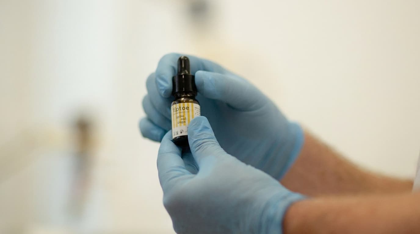 Behandelaar met blauwe handschoenen houdt een flesje tiptoe naildrops vast in de behandelkamer