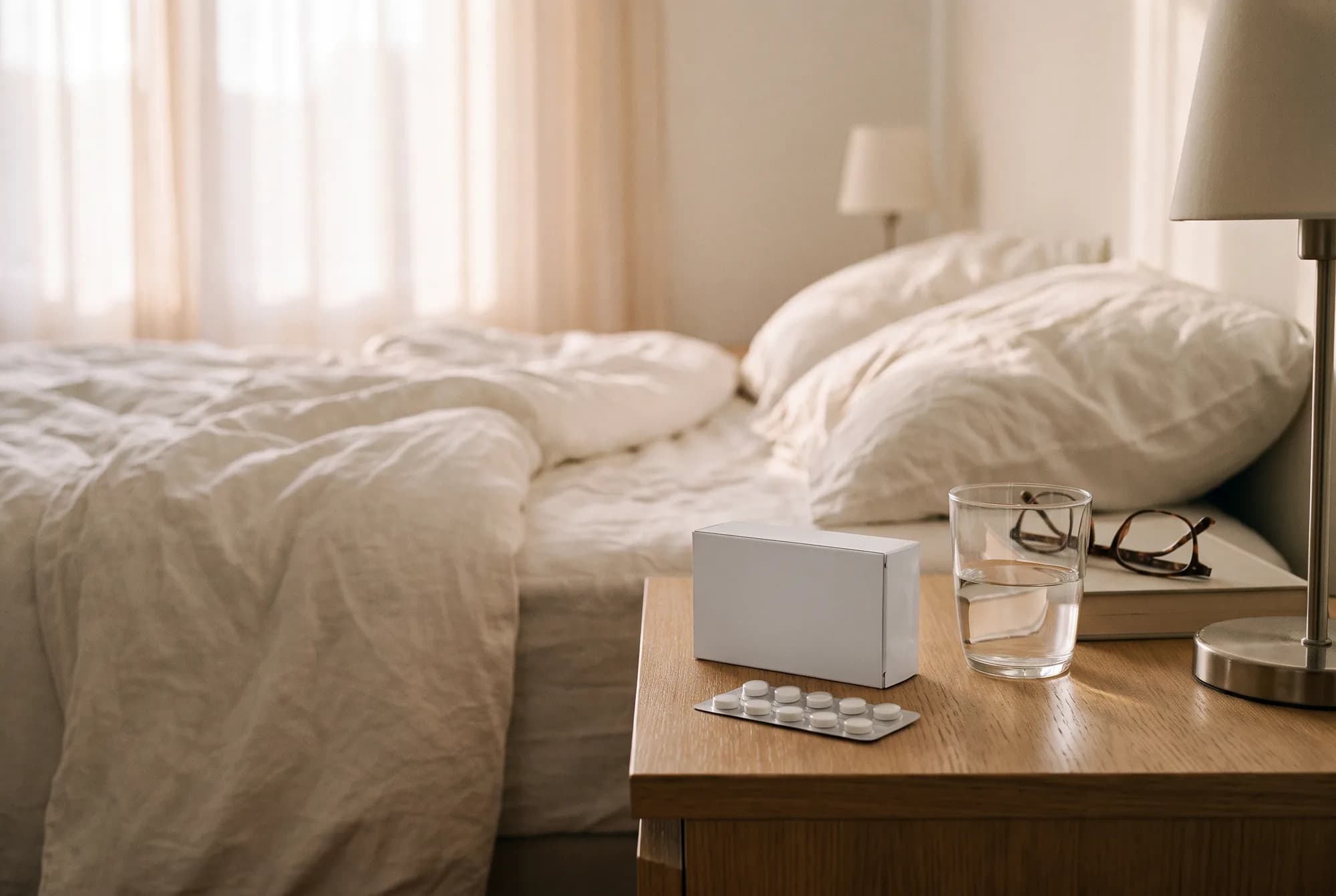Doosje tabletten, een strip tabletten en een glas water op het nachtkastje naast het bed