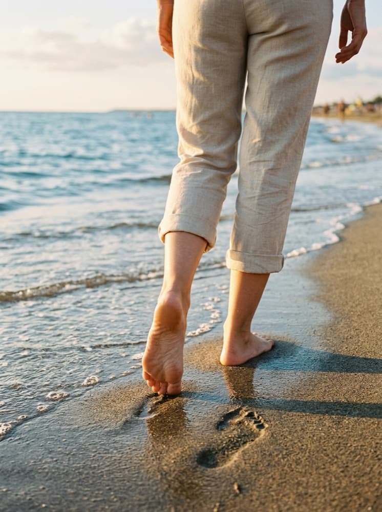 Blote, gezonde voeten lopen langs de vloedlijn op het strand